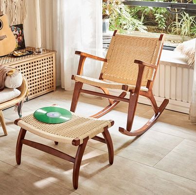 빈티지 엮인 로프 고체 목재 흔들기 의자