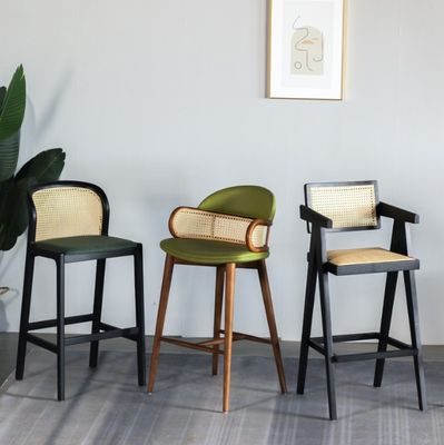 현대 목재 바 의자 라탄 높은 바 의자 부엌 식사실 레스토랑 녹색/오렌지 및 상업용 가구